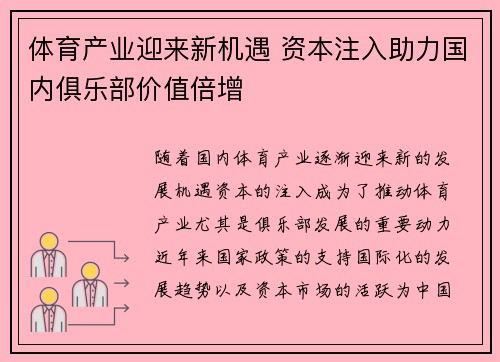 体育产业迎来新机遇 资本注入助力国内俱乐部价值倍增